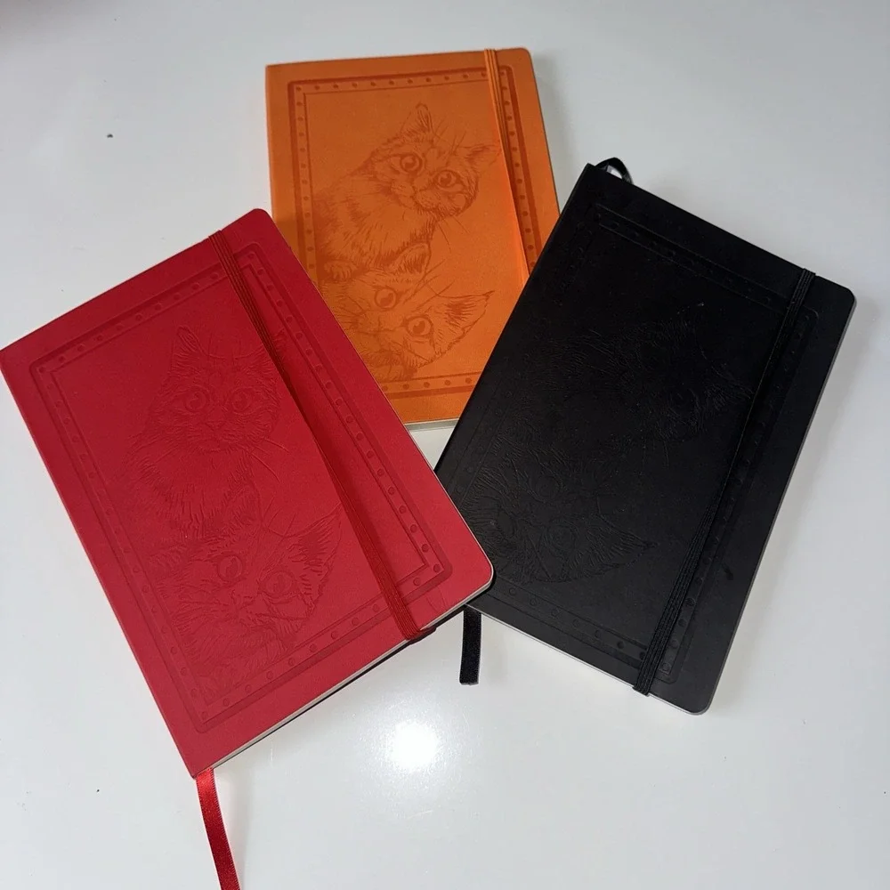 Leed's Journal Bundle Of 3 Black Red Orange W Cat Print On Cover